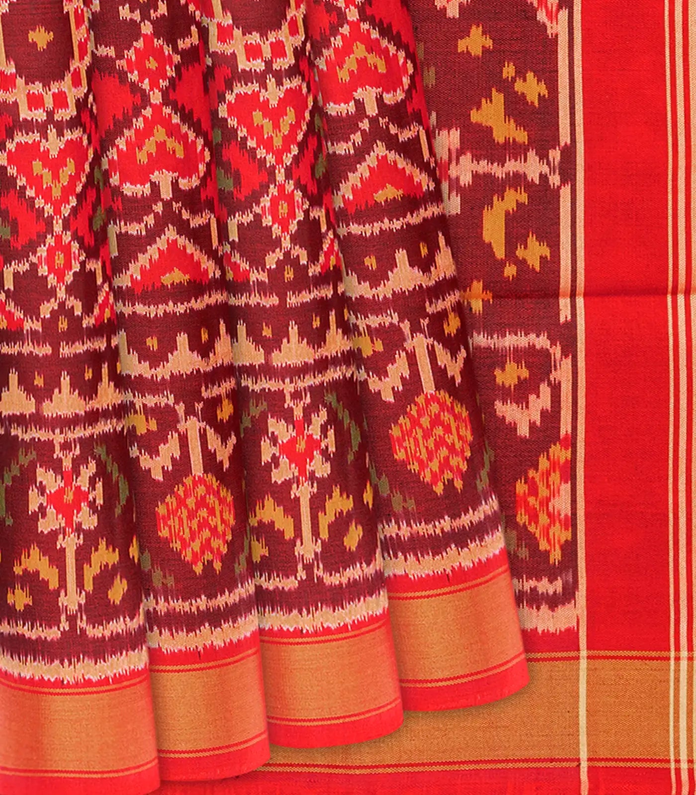 Red Handloom Rajkot Patola Silk Saree With Floral Motifs-Red