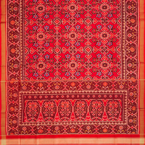 Red Handloom Rajkot Patola Silk Saree With Floral Motifs-Red