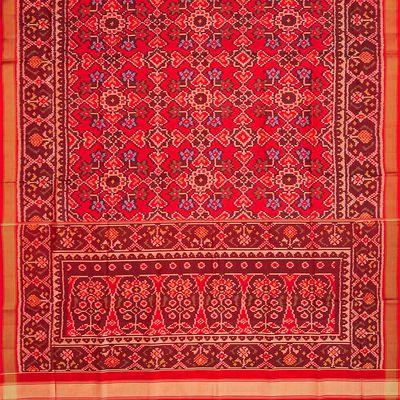 Red Handloom Rajkot Patola Silk Saree With Floral Motifs-Red