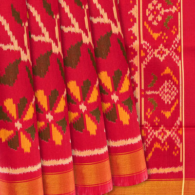 Red Handloom Rajkot Patola Silk Saree With Floral Vine Motifs-Red