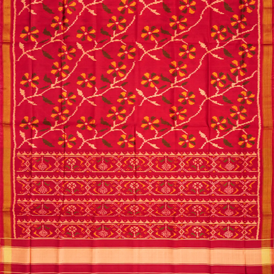 Red Handloom Rajkot Patola Silk Saree With Floral Vine Motifs-Red
