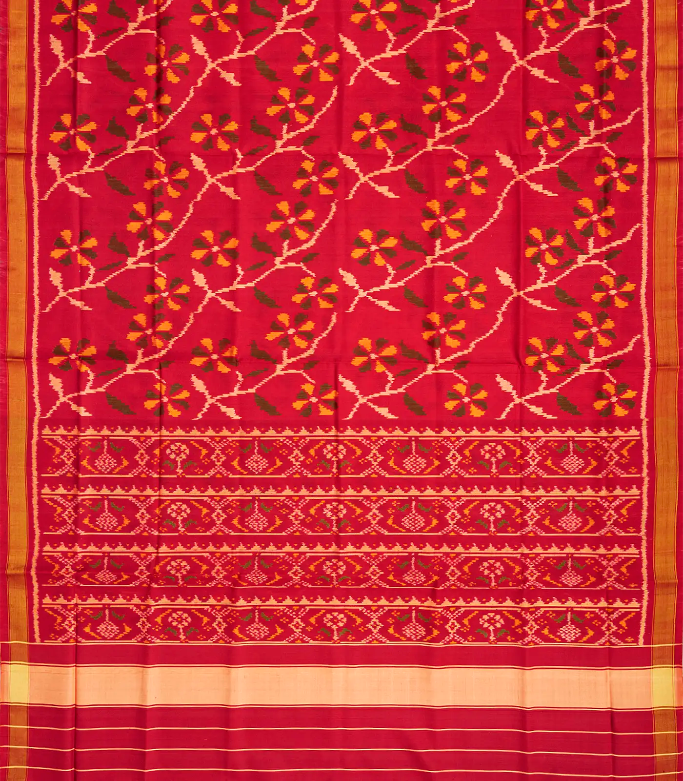 Red Handloom Rajkot Patola Silk Saree With Floral Vine Motifs-Red