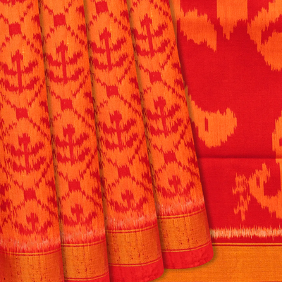 Orange Handloom Rajkot Patola Silk Saree With Floral Jaal Motifs-Orange