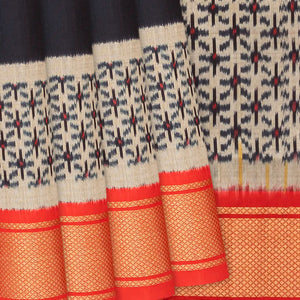 Black Handloom Pochampally Ikat Silk Saree With Red Border-Black