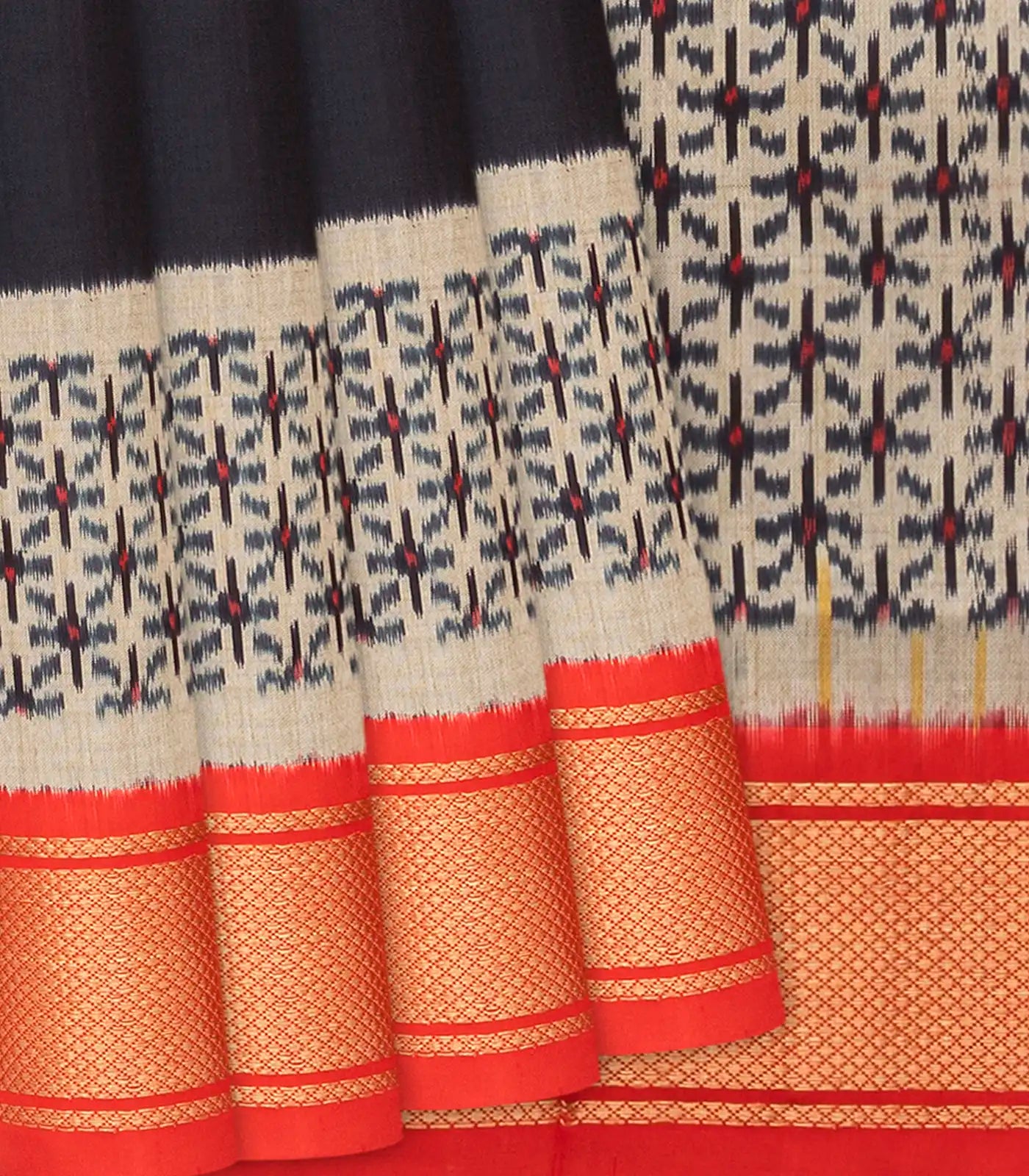 Black Handloom Pochampally Ikat Silk Saree With Red Border-Black