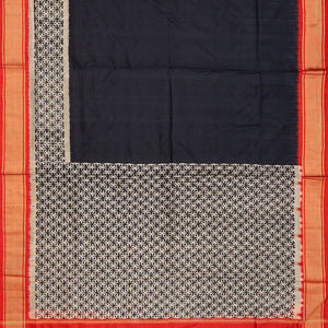 Black Handloom Pochampally Ikat Silk Saree With Red Border-Black
