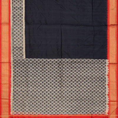 Black Handloom Pochampally Ikat Silk Saree With Red Border-Black