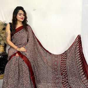 Fine Silk Real Hand Blocked Ajrakh Print Saree