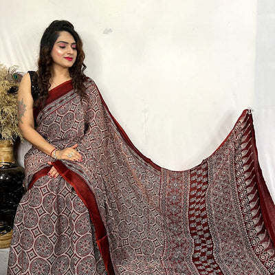 Fine Silk Real Hand Blocked Ajrakh Print Saree