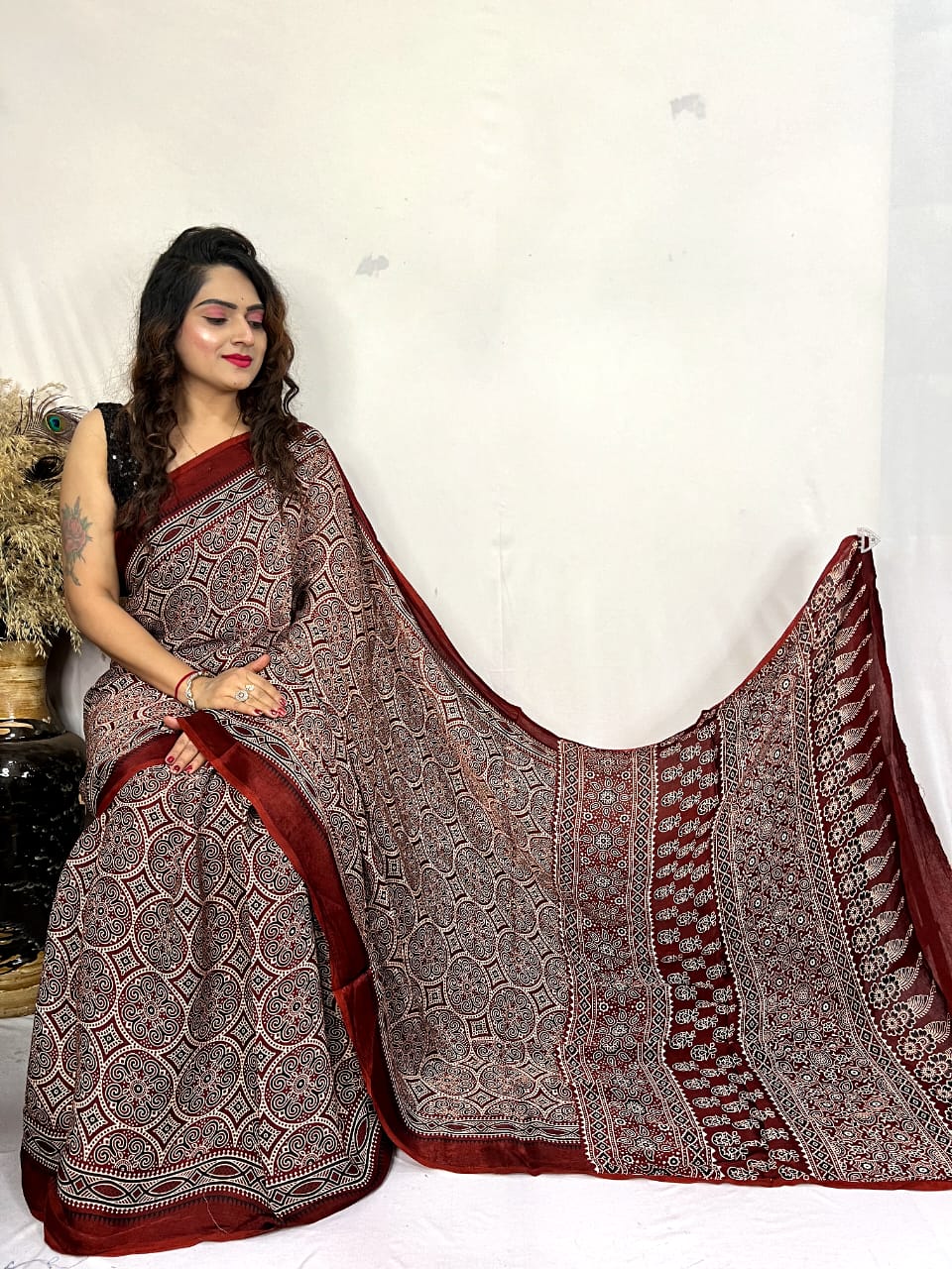 Fine Silk Real Hand Blocked Ajrakh Print Saree
