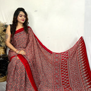 Fine Silk Real Hand Blocked Ajrakh Print Saree