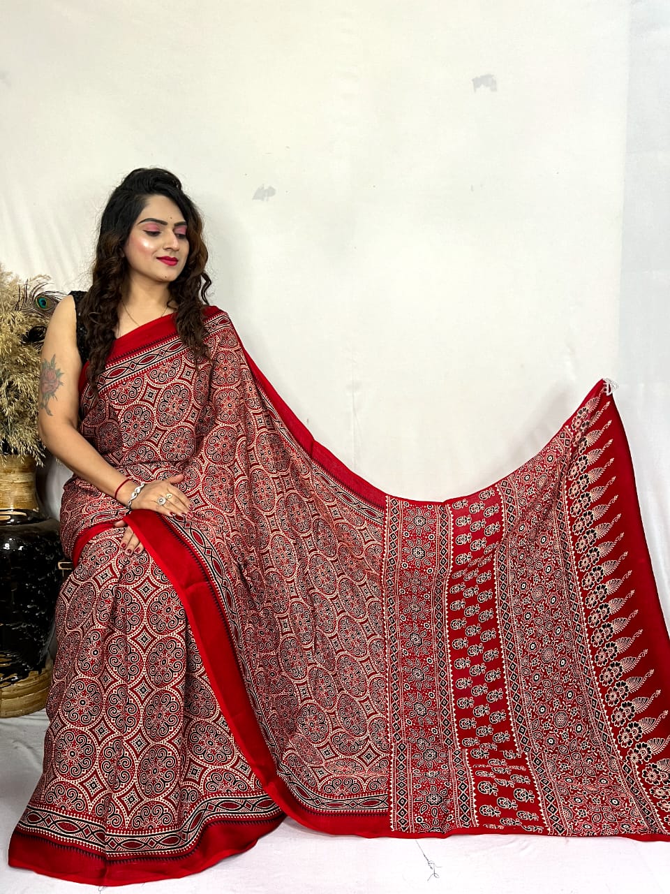 Fine Silk Real Hand Blocked Ajrakh Print Saree