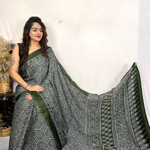 Fine Silk Real Hand Blocked Ajrakh Print Saree