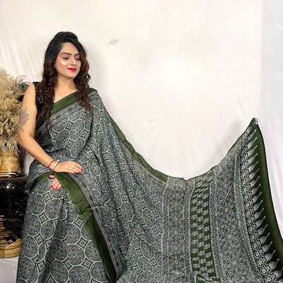 Fine Silk Real Hand Blocked Ajrakh Print Saree