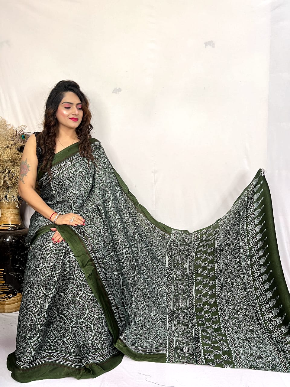 Fine Silk Real Hand Blocked Ajrakh Print Saree