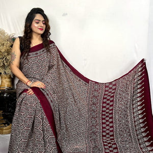 Fine Silk Real Hand Blocked Ajrakh Print Saree