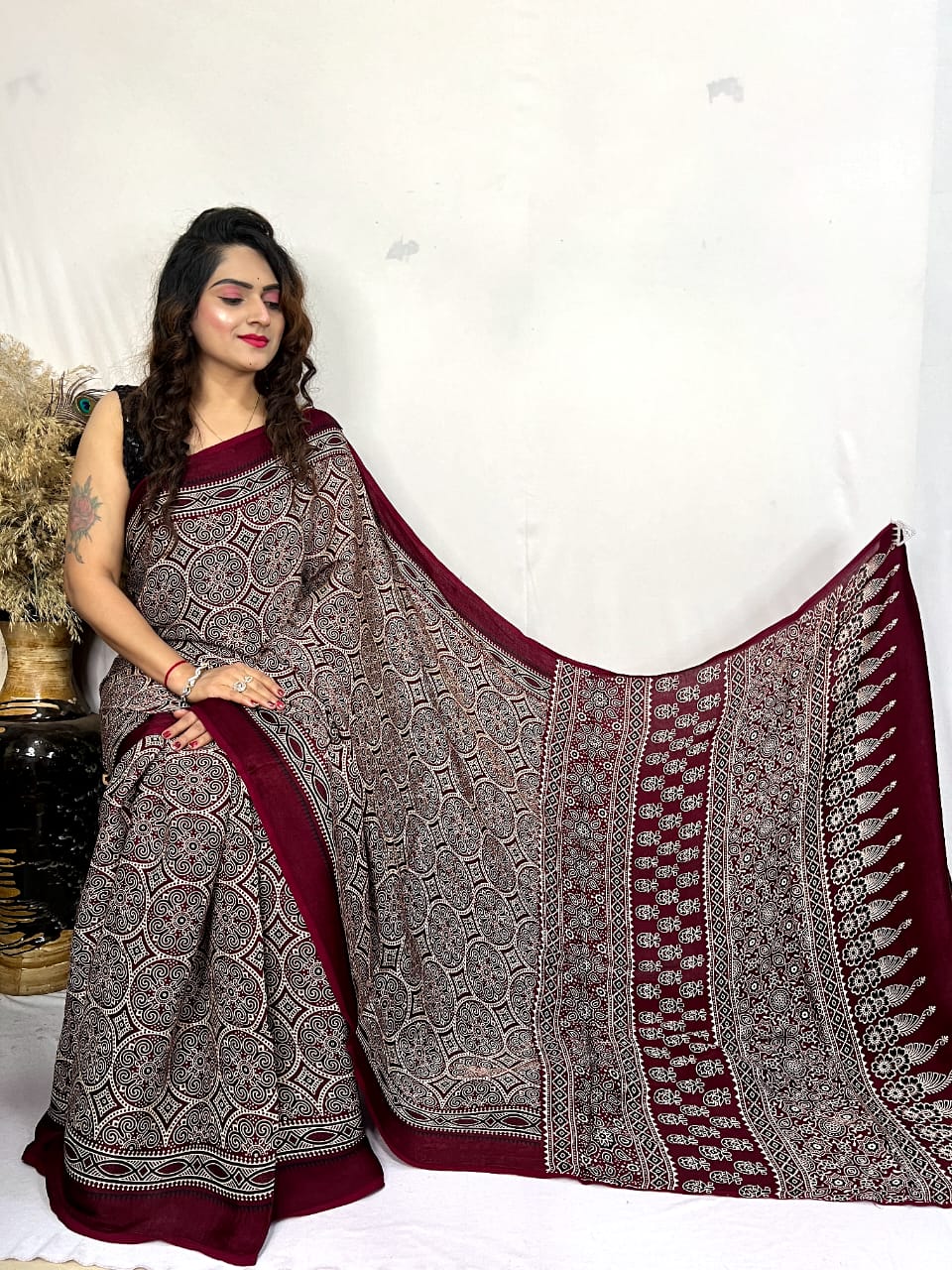 Fine Silk Real Hand Blocked Ajrakh Print Saree