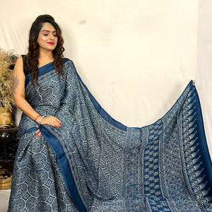 Fine Silk Real Hand Blocked Ajrakh Print Saree