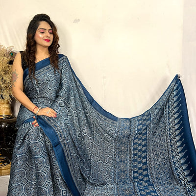Fine Silk Real Hand Blocked Ajrakh Print Saree