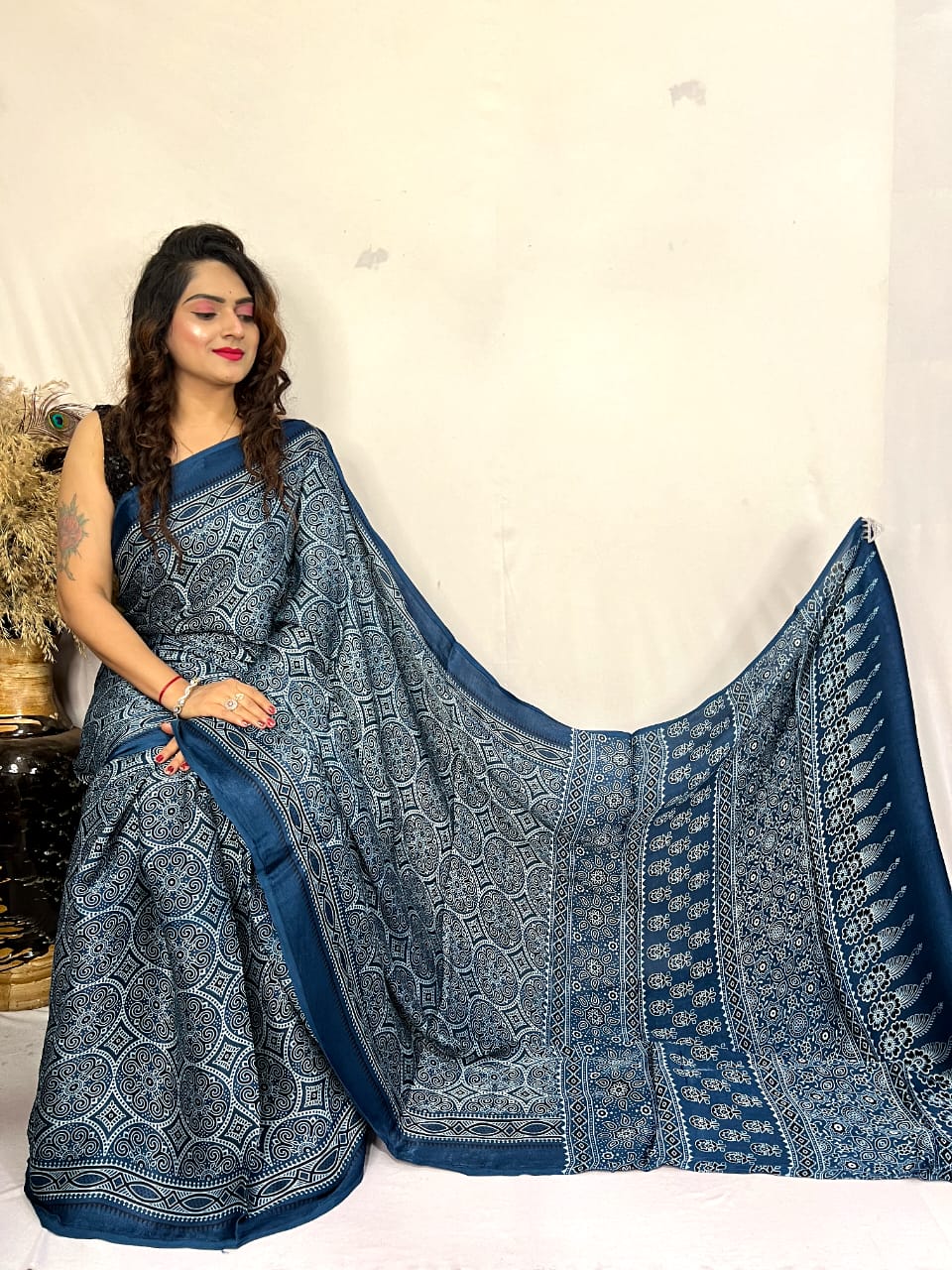 Fine Silk Real Hand Blocked Ajrakh Print Saree