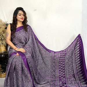 Fine Silk Real Hand Blocked Ajrakh Print Saree