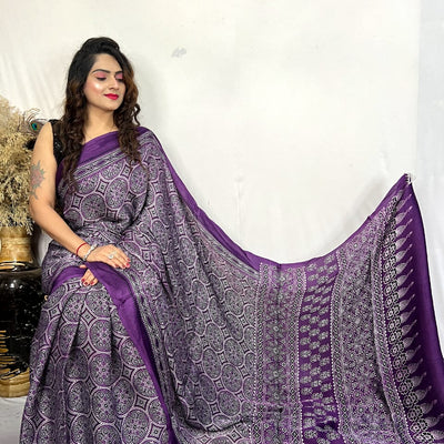 Fine Silk Real Hand Blocked Ajrakh Print Saree