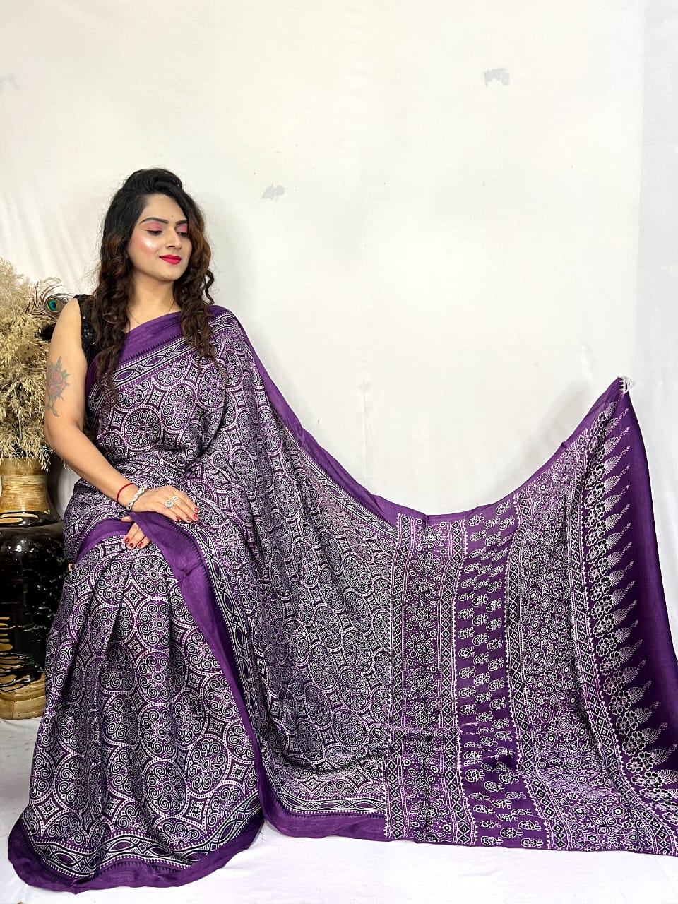 Fine Silk Real Hand Blocked Ajrakh Print Saree