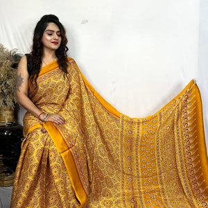 Fine Silk Real Hand Blocked Ajrakh Print Saree
