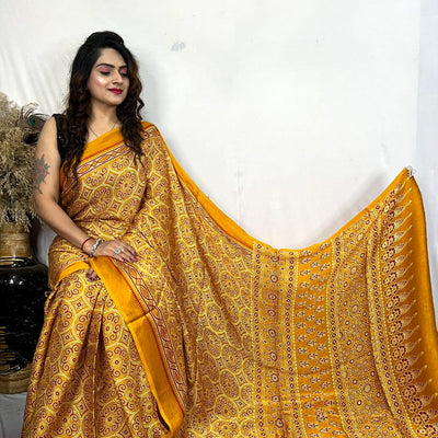 Fine Silk Real Hand Blocked Ajrakh Print Saree