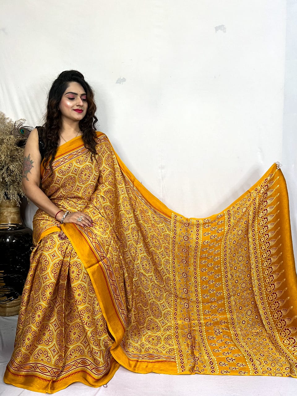 Fine Silk Real Hand Blocked Ajrakh Print Saree