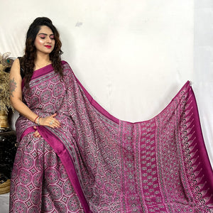 Fine Silk Real Hand Blocked Ajrakh Print Saree