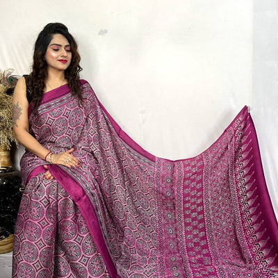 Fine Silk Real Hand Blocked Ajrakh Print Saree