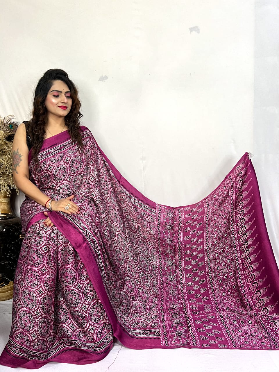 Fine Silk Real Hand Blocked Ajrakh Print Saree