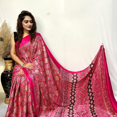 Fine Silk Real Hand Blocked Ajrakh Print Saree