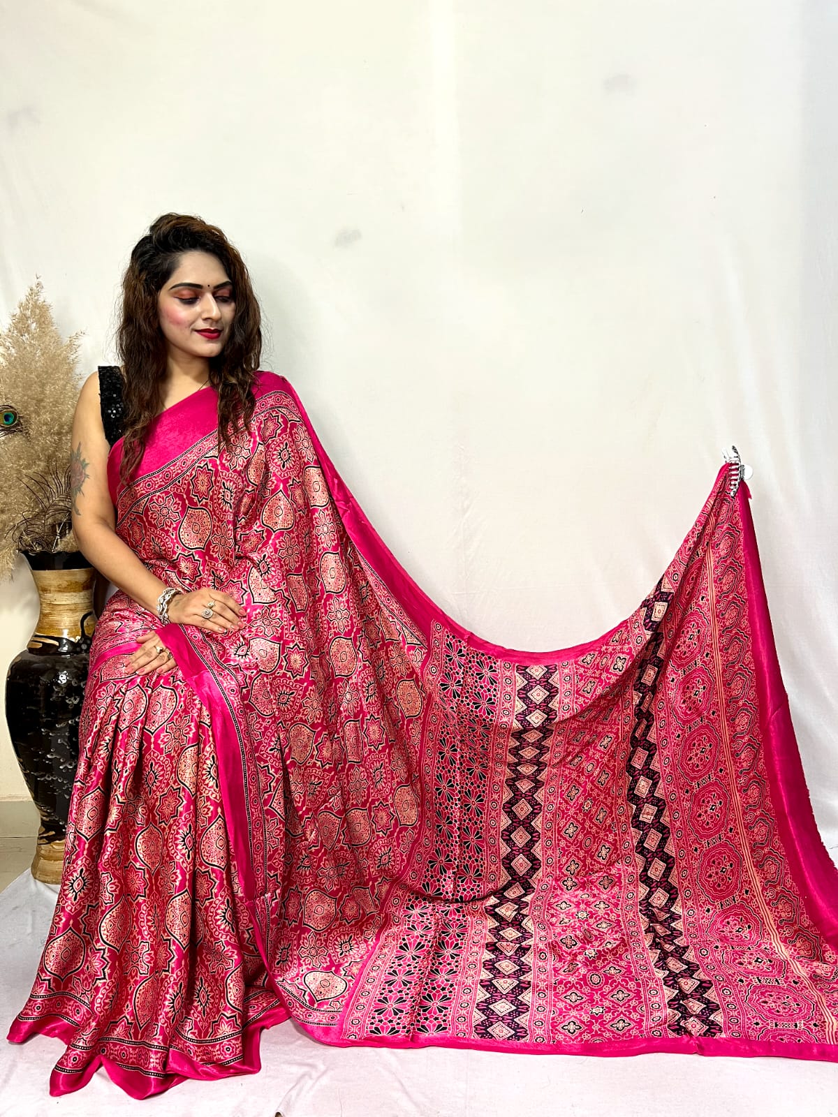 Fine Silk Real Hand Blocked Ajrakh Print Saree