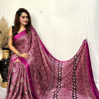 Fine Silk Real Hand Blocked Ajrakh Print Saree