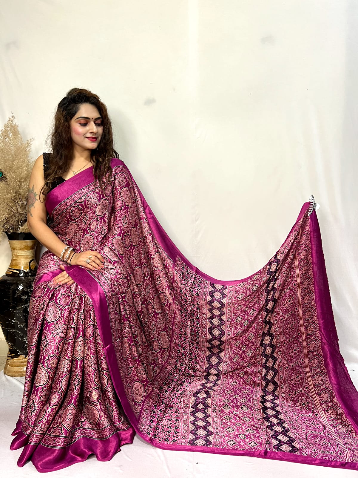 Fine Silk Real Hand Blocked Ajrakh Print Saree