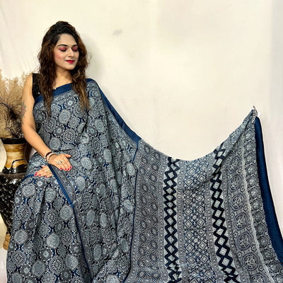 Fine Silk Real Hand Blocked Ajrakh Print Saree