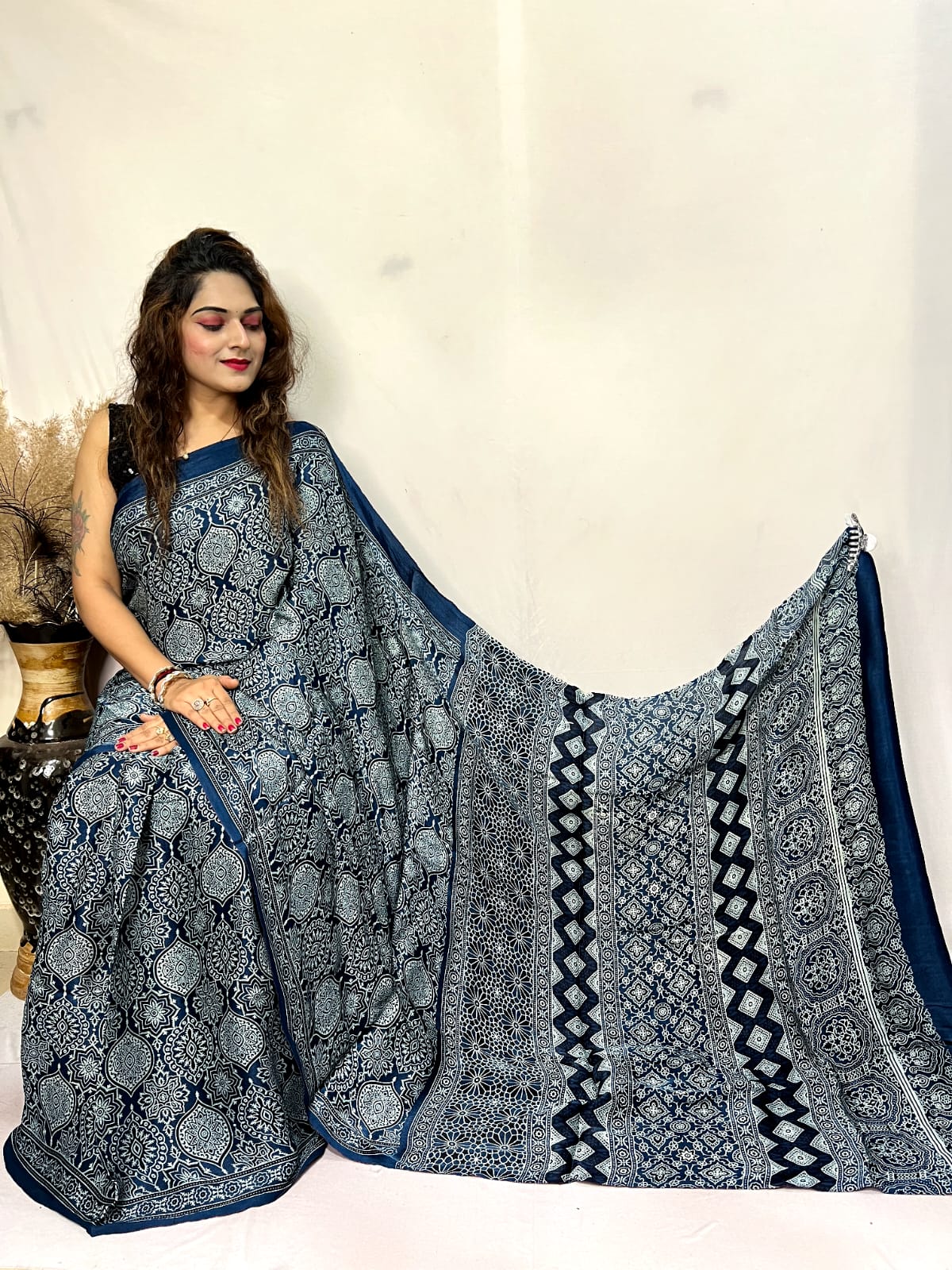 Fine Silk Real Hand Blocked Ajrakh Print Saree