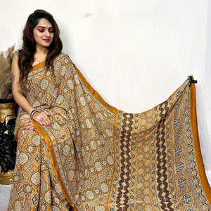Fine Silk Real Hand Blocked Ajrakh Print Saree