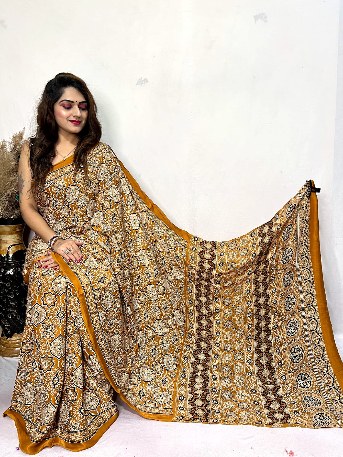 Fine Silk Real Hand Blocked Ajrakh Print Saree