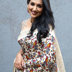 Pashmina ivory white  Ikkat Silk Saree