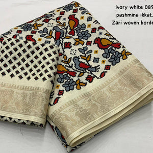 Pashmina ivory white  Ikkat Silk Saree