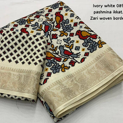 Pashmina ivory white  Ikkat Silk Saree