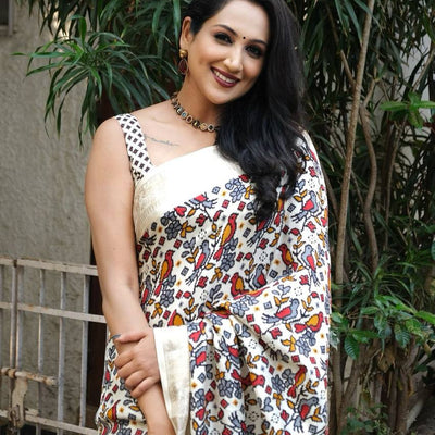 Pashmina ivory white  Ikkat Silk Saree