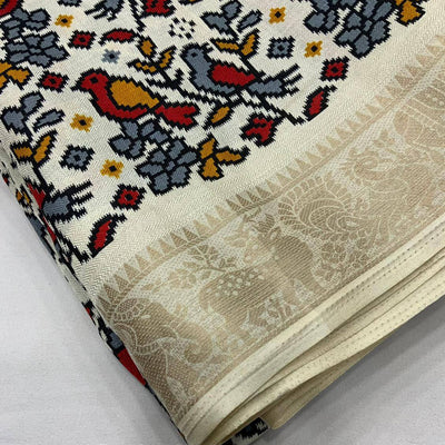 Pashmina ivory white  Ikkat Silk Saree