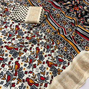 Pashmina ivory white  Ikkat Silk Saree