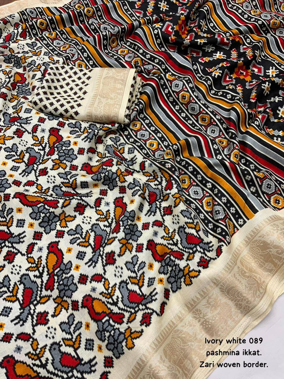 Pashmina ivory white  Ikkat Silk Saree