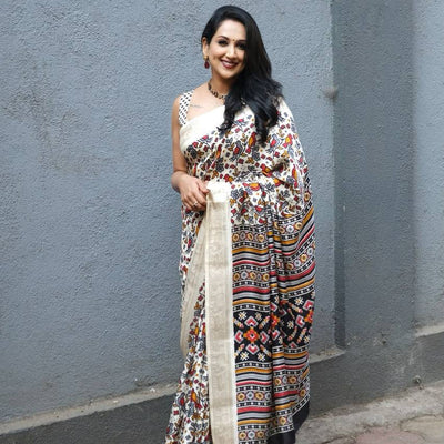 Pashmina ivory white  Ikkat Silk Saree