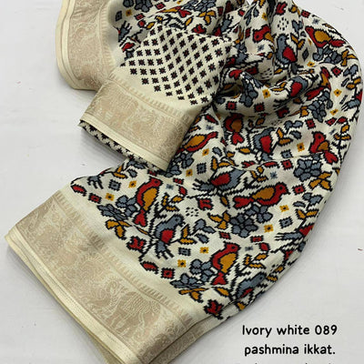 Pashmina ivory white  Ikkat Silk Saree